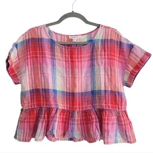 Beach Lunch Lounge XS 100% Linen Pink Plaid Peplum Shirt Oversized Boxy Relaxed